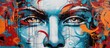 Close-up of woman's face in red and blue paint, detailed graffiti art on Venice wall
