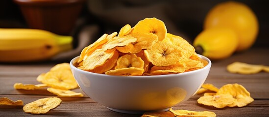 Poster - A bowl of banana chips with bananas in the background