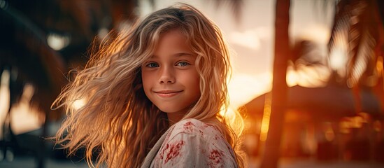 Aufkleber - Blonde girl by a palm tree at sunset