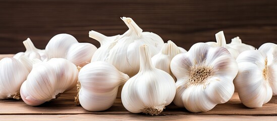 Leinwandbilder - A close-up of fresh garlic on a wooden surface