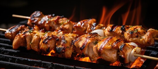 Wall Mural - A grill with skewered meat and Arabic cuisine Shish Kebabs