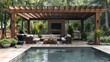 Backyard living space with outdoor furniture next to pool under a pergola,  sunny day in summer