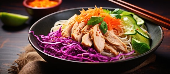 Fototapete - Bowl of assorted noodles, meat, and veggies