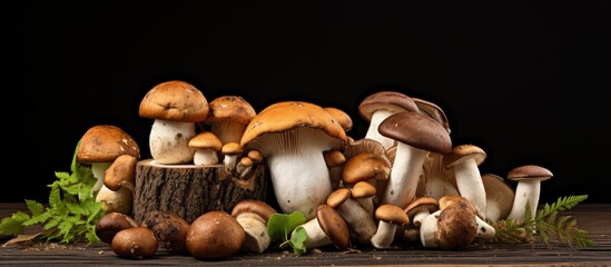 Leinwandbilder - Boletus mushrooms on wooden table with ferns and leaves