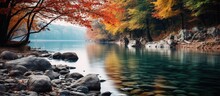 Rushing River With Rocks And Trees, Blurred Water, Autumn Landscape