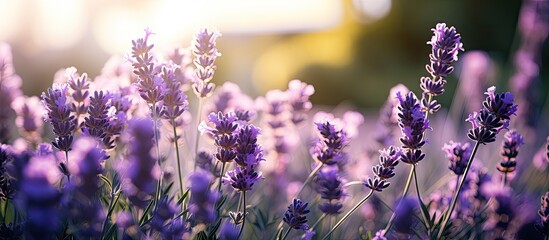 Leinwandbilder - Lavender field illuminated by sunlight and selective focus on growing plants