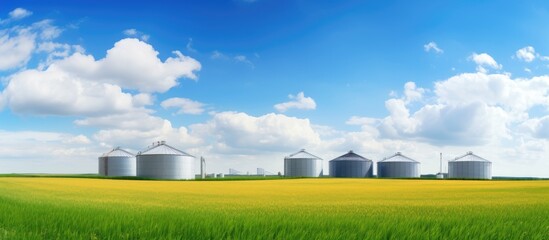 Poster - Grassy field with three tall silos in the distance