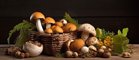 Poster - Mushrooms in a basket with leaves and berries on a wooden table
