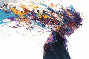 Wall Mural - Watercolor painting of an abstract man with colorful hair against a white background, with splashes and sparks in vibrant colors in a profile view