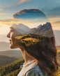 © Marko - Outline of a human head containing a serene landscape background, symbolizing the concept of inner peace and mental tranquility with copy space