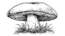 One Monochrome Boletus Mushroom Hand Drawn Sketch Lin