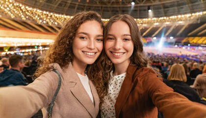 Wall Mural - Selfie image of two young women at a concert in a giant indoor arena