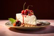 Juicy cheesecake on a porcelain platter against a painted gypsum board background