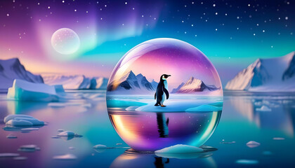 Wall Mural - A glass sphere with a penguin figurine surrounded by a winter wonderland scene with colorful background