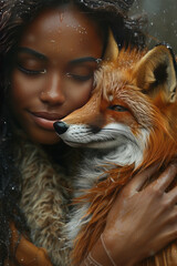 Sticker - gorgeous black woman with brown long hair huggging a foxy,generative ai