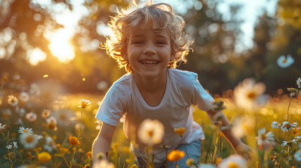 Wall Mural - Cute little boy playing with daisies in the meadow at sunset