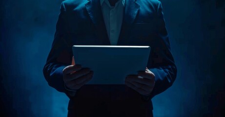 Wall Mural - Businessman with tablet in a darkened room showcasing technology. Professional in a suit using digital tablet in low light. Corporate executive holding a tablet in a blue illuminated space.