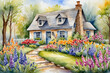 A cozy watercolor cottage surrounded by spring flowers, offering a sense of home, warmth, and the rejuvenation of nature