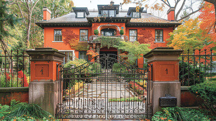 Wall Mural - The vibrant foliage of fall frames a Cleveland house in Colonial Revival style, its pumpkin orange walls complemented by a wrought iron gate in dark chocolate brown