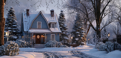 Wall Mural - Twilight snow scene, the house in powder blue, chocolate brown door, and white trim radiating warmth