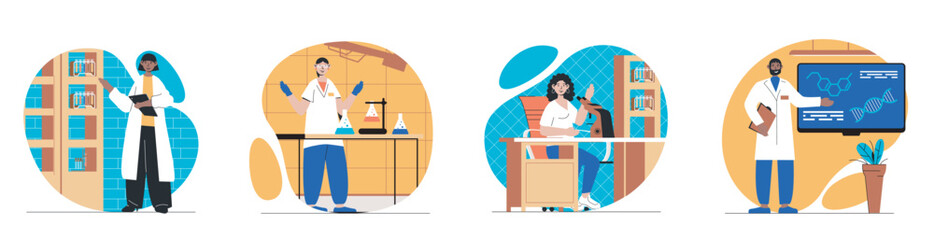 Wall Mural - Laboratory concept with people scenes set in flat web design. Bundle of character situations with scientists experimenting and making scientific tests or medical analysis in lab. Vector illustrations.