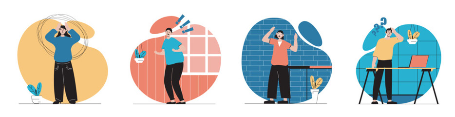 Aufkleber - Stress expression concept with people scenes set in flat web design. Bundle of character situations with frustrated and upset men and women crying and feeling negative emotions. Vector illustrations.