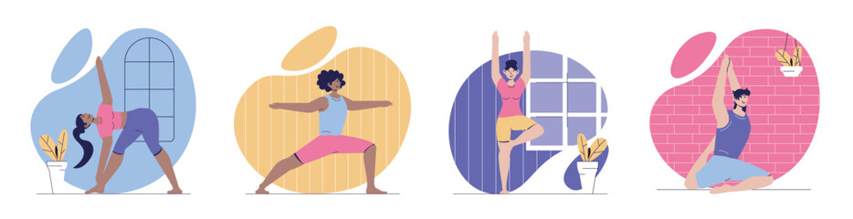 Aufkleber - Yoga training concept with people scenes set in flat web design. Bundle of character situations with men and women practicing asanas, doing pilates and gymnastic exercises. Vector illustrations.