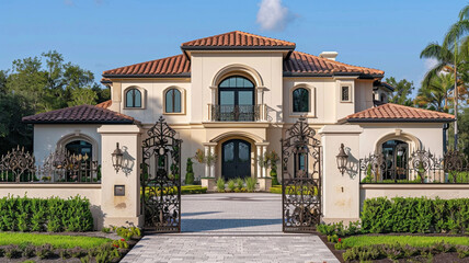 Wall Mural - A refined classical house design with a balanced facade, featuring warm beige walls and a terracotta roof, bordered by a decorative wrought iron gate. 