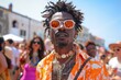 Fashionable man in orange outfit and trendy sunglasses.