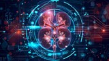Fototapeta Konie - Futuristic medical research or kidney health care with diagnosis and vitals infographic biometrics for clinical
