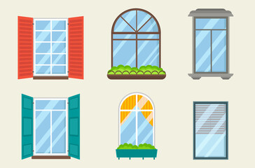 Wall Mural - Create a vector illustration of windows with white frames. Collection of plastic windows of various types. Interior and exterior elements