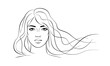beautiful woman face portrait long wavy hair  line drawing outline style vector illustration