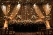 © biswajit - black with golden bright curtain wedding stage with flowers frames