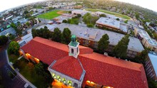Aerial: Drone Backward Shot Of Public High School In Residential City Against Clear Sky - Culver City, California