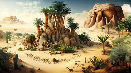 Wall Mural - desertic tropical landscape in 10,000 BC would have been a challenging environment for life to thrive, and only species that were well adapted to these conditions would have been able to survive.