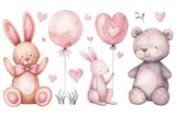 Fototapeta Dziecięca - Set with animals bunny's, bears, with hearts balloons and garland; watercolor hand drawn illustration; with white isolated background