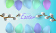 Easter pastel color eggs background with catkins. Happy Holiday Easter vector.
