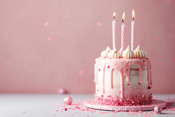 Wall Mural - close up of beautiful pink birthday cake with candles over pink background