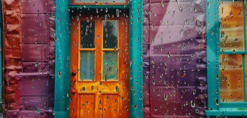 Wall Mural - Rainy day scene, raindrops blurring the view; the house in rich plum, teal window frames, dark orange door