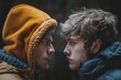 Intense close-up of a confrontation between two young men in outdoor apparel with serious expressions