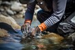 A close up of hands using a benthic grab sampler to collect sediment samples from a riverbed