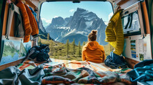 A young girl sitting in the back of her van enjoying the scenery in nature
