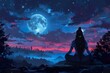 Illustration of lord shiva in a meditative pose against the backdrop of a night sky with a full moon