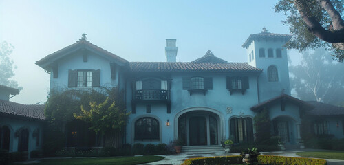 Wall Mural - Serene sky blue stucco Tudor mansion, accentuated by an early morning fog, creating a mysterious yet inviting atmosphere