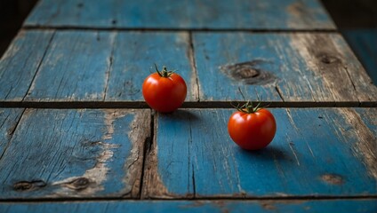 two bright red tomatoes with green stems on weathered blue wooden planks, capturing freshness and si