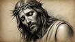 Artistic sketch of Jesus Christ with a crown of thorns, excluding face, with an intent evoking deep contemplation and reverence