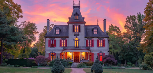 Wall Mural - Sunrise casting a golden hue over a 1920s French provincial house in Lakewood, with a distinctive turret and vivid red shutters against a soft pink sky