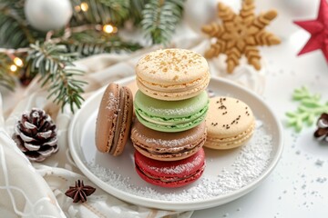 Wall Mural - Stack of French macaroons of various flavors on ceramic plate with Christmas decoration on white table. Top view.