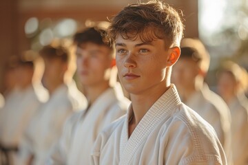 Calm and focused young martial artist in white gi with peers blurred in the background