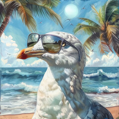 Wall Mural - chic seagull wearing sunglasses lounging at sunlit shore, summer vibes, cool looking